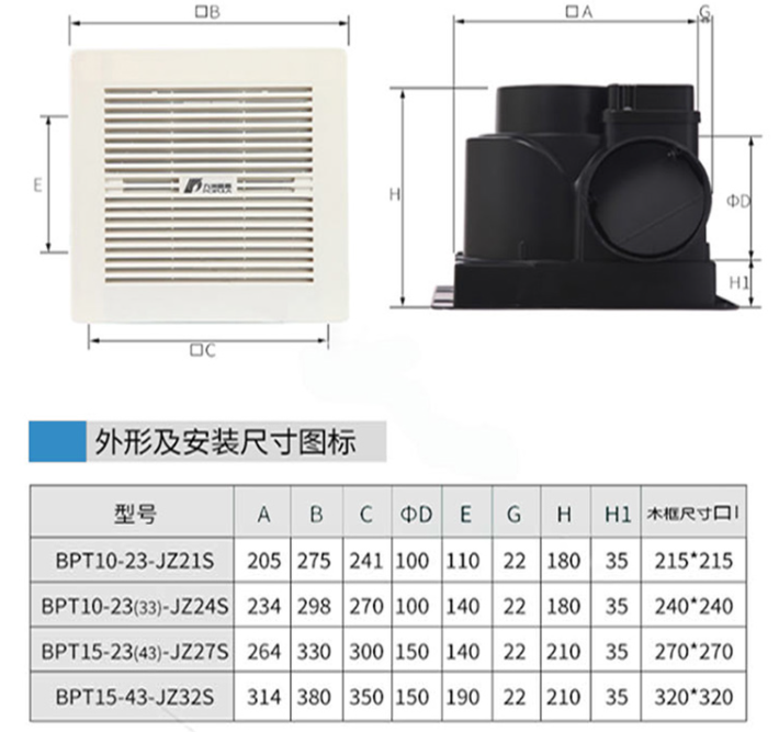 九洲風機換氣扇外形和安裝尺寸 九洲風機換氣扇外形和安裝尺寸